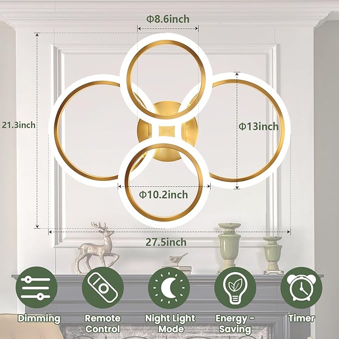 Modern LED Ceiling Light, 4 Rings LED Dimmable Flush Mount Ceiling Light with Remote Control, Gold Close to Ceiling Lamp for Kitchen Living Room Bedroom Laundry Room Ceiling Lighting Fixture