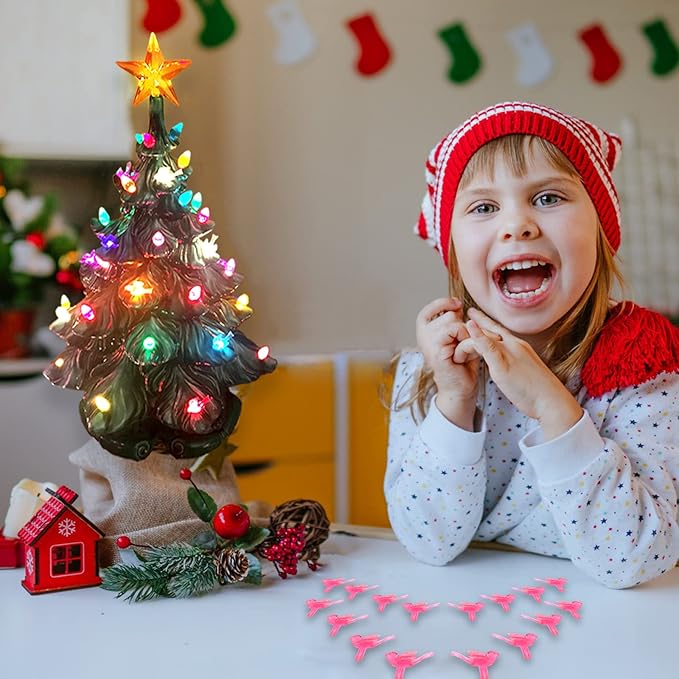 117Pcs Ceramic Christmas Tree Pink Love Bird Replacement Lights Bulbs and 1 Angel/3Stars Topper Ornament for Ceramic Tree Décor - Medium Plastic Pegs.