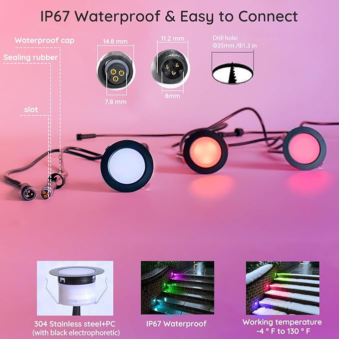 LED Deck Lights Kit, 20 Pack 1.77" RGBW+IC Multicolor Dynamic Low Voltage Recessed Landscape Lights, IP67 Waterproof 12V Step Light Outdoor for Garden Yard Path Ground Stairs, Work with Alexa/Google