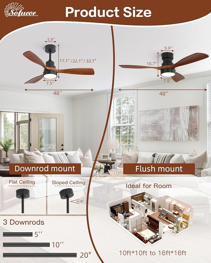 Sofucor 48 Inch Smart Ceiling Fans with Lights-Flush Mount & Downrod Mount Modern Outdoor Ceiling Fans with Alexa/Google Assistant/APP/Remote Control for Bedroom/Farmhouse/Patio, Black & Walnut
