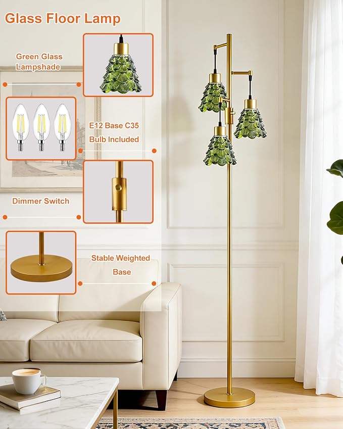 Glass Floor Lamps for Living Room, 67'' 3-Light Dimmable Floor Lamp with Green Glass Shade& E12 Bulbs Included, Mid Century Standing Tall Lamp for Bedroom/Sofa Beside/Corner Decor-Gold