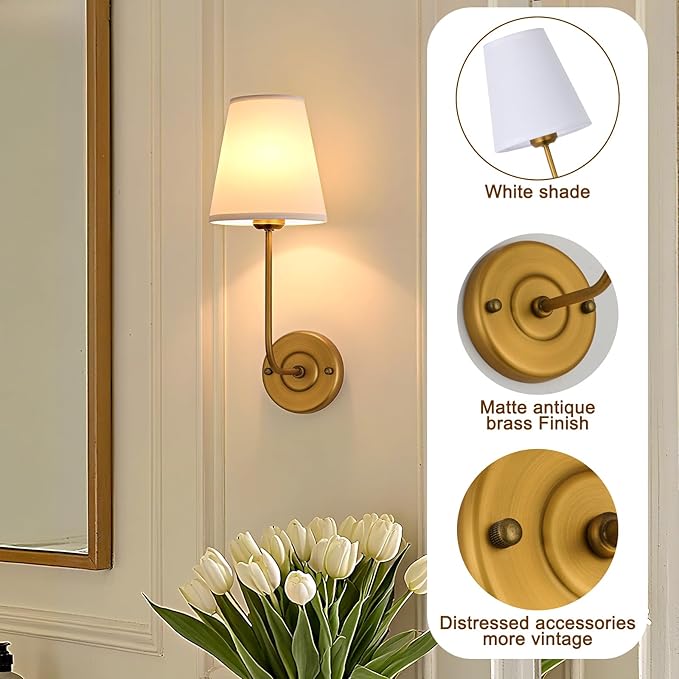 TERLEENART Hardwired Wall Sconce Set of 2 with Flared Shape White Textile Shade Curved Arm and Antique Brass Finish Metal Base,Perfect for Bedroom Living Room Bathroom Vanity Area