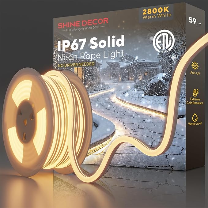 Shine Decor Outdoor LED Neon Rope Light, IP67 Waterproof Solid Silicone Enclosed Lighting Strip, ETL Listed Durable for -40F Extreme Cold Weatherproof, 120V No Driver Plug&Play 59ft 2800K Warm White