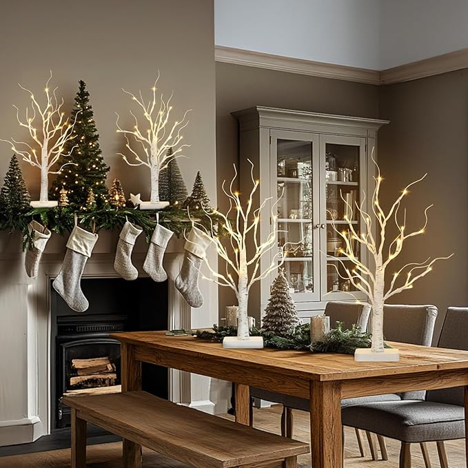 EAMBRITE Birch Tree with LED Lights for Christmas Decorations Indoor, Lighted Tabletop Tree 22 in 24 LED White Twig Battery Operated Mini Small Artificial Trees for Home Table Centerpiece Mantel 4pcs