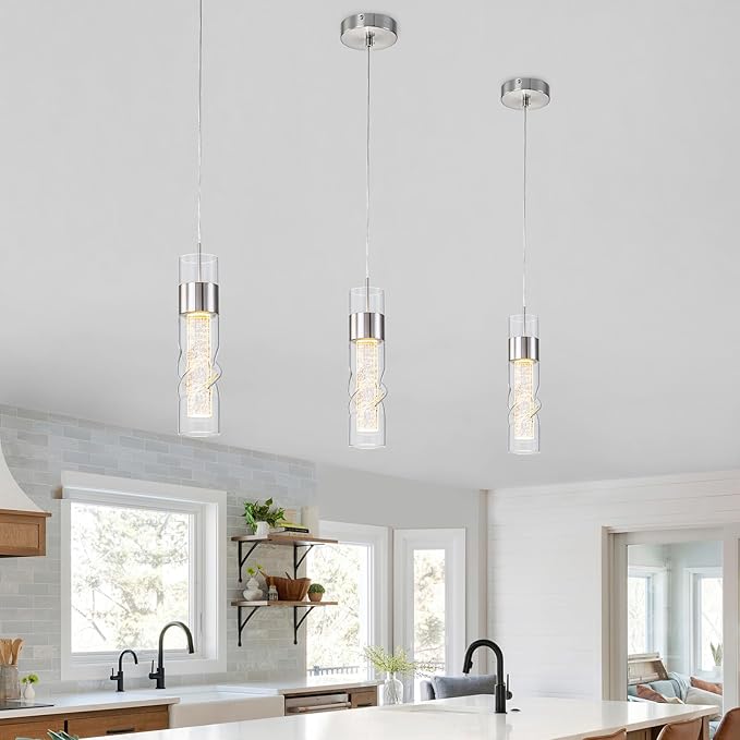 WILON Led Kitchen Ceiling Light, 24W Crystal Hanging Lights with Threaded Clear Glass, Adjustable Modern Led Kitchen Light Fixtures Pendant Light for Dining Room Bedroom(3 Pack)