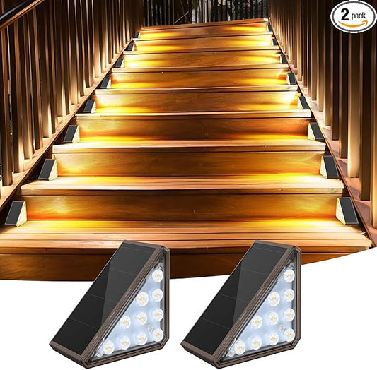 2 Pack Solar Stair Lights Outdoor Stair Lights with Waterproof IP67 LED Solar Light for Outside Light Decor for Deck, Front Step, Front Porch, Patio, Garden and Backyard (Brown)