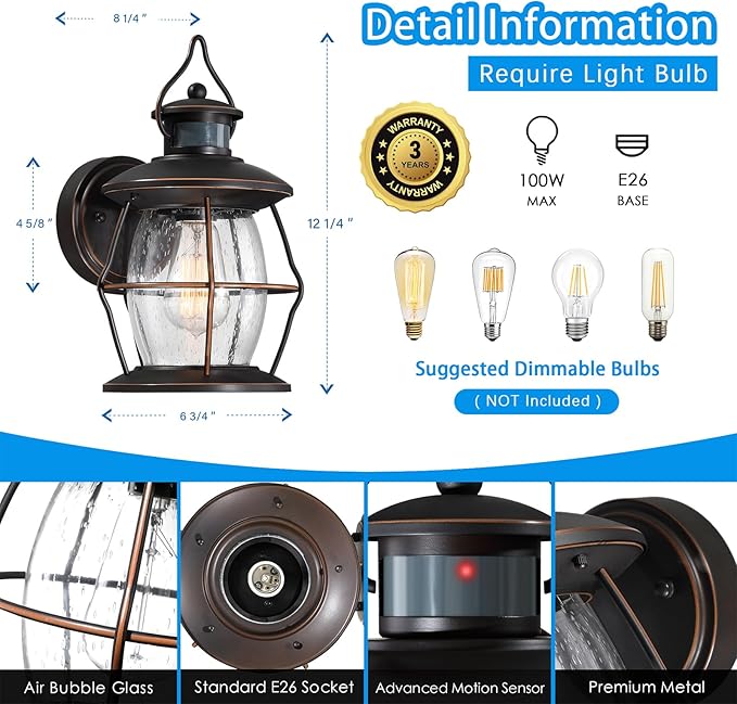 Motion Sensor Outdoor Wall Lights, Advanced Dusk to Dawn Exterior Fixtures Wall Sconce, Porch Light Wall Mount for Outside Patio,Entryway,Garage(Oil Rubbed Bronze)