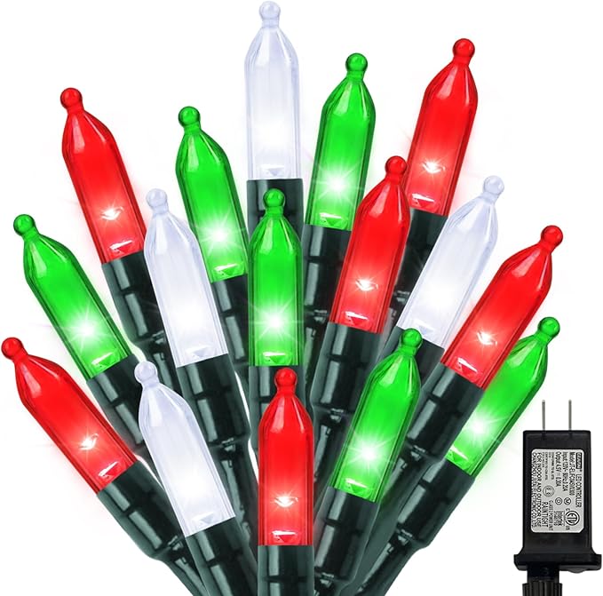 LAMPHOME Red Green White Christmas Mini Lights, 32.5FT 100 LED Clear Bulbs String Lights with 16 Light Modes, Fairy Lights Plug in for Outdoor Xmas Trees Garland Wreath Holiday Decorations