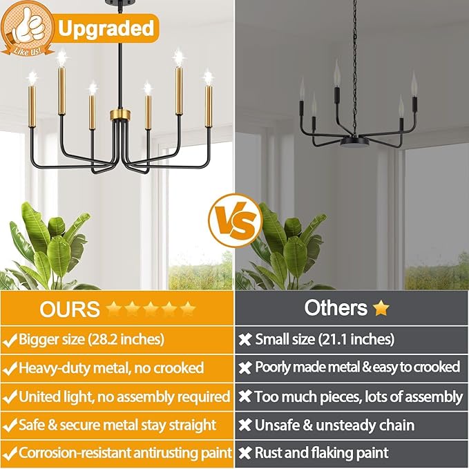 Black and Gold Chandelier, 6-Light Farmhouse Chandelier for Dining Room Lighting Fixtures Hanging, Dining Light Fixtures Industrial Modern Light Fixture for Bedroom, Foyer, Living Room and Entryway