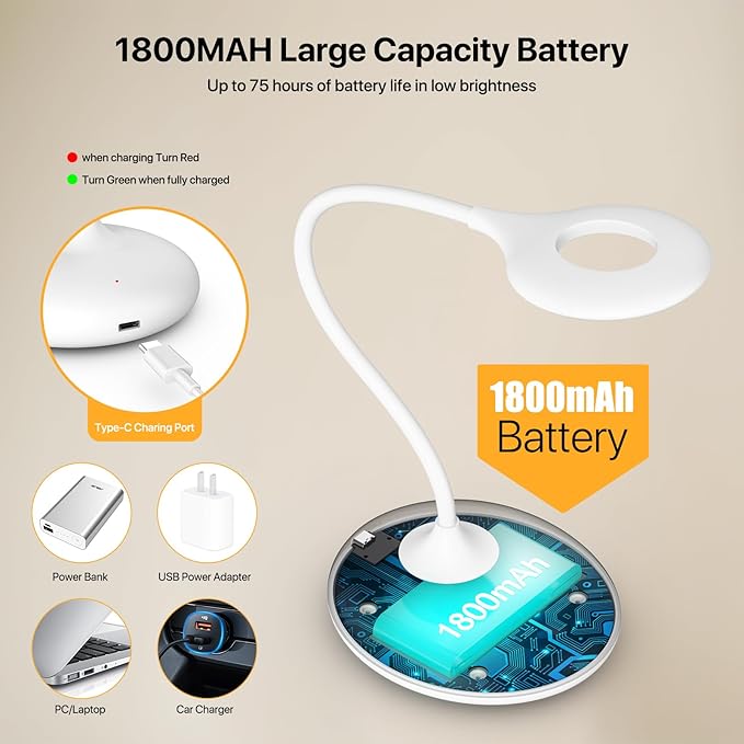 Rechargeable Desk Lamp Cordless with 3 Color Modes, Touch Control 30 LEDs Table Lamp, Stepless Dimming Reading Light, 360° Flexible, Portable Eye-Caring Sleep Aid for Dorm Study Office Bedroom