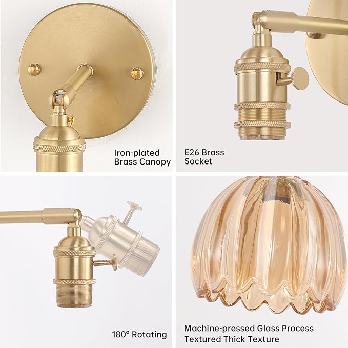 Vintage Battery Operated Wall Sconce with Amber Tulip Glass Lampshade 5000 mAh Rechargeable Battery Powered Wall Light with Remote Control for Bedside Bedroom Doorway, Set of 2
