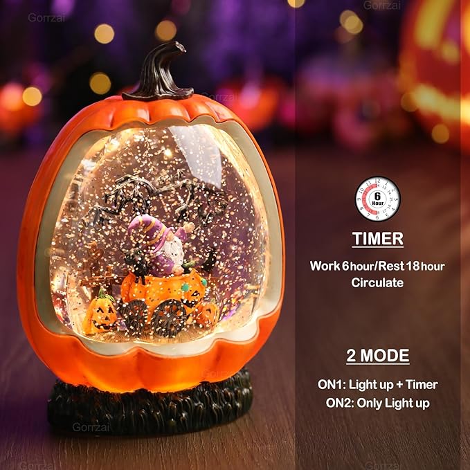 Halloween Snow Globe Lantern with Pumpkin Halloween Decorations Indoor for Home, Lighted Halloween Decor with Black Cat Gnome Timer Swirling Glitter, USB or Battery Operated
