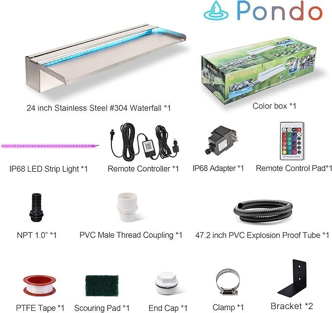 24'' APP Control Pool Waterfall with RGB LED Lights, Stainless Steel Pond Fountain Set for Outdoor Decorations, Patio Waterfall Spillway Kit w/16 Color Changing, Easy Install