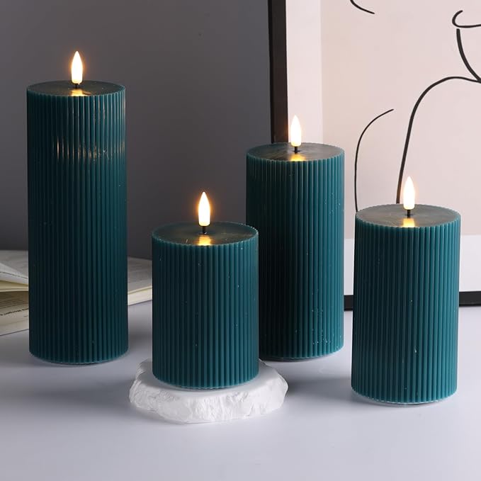 Green Ribbed Flameless Pillar Candles with Remote, Flat Top Flickering LED Wax Battery Candles Set of 4, Φ 3" H 4" 5" 6" 8"