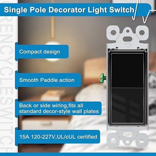 Greencycle Black Single Pole Rocker Light Switch,40PCS Paddle Light Switch 15 Amp,Sp Switches White,120V-277V AC,On/Off Wall Switches, Residential/Commercial Grade,Home & Office,UL/CUL