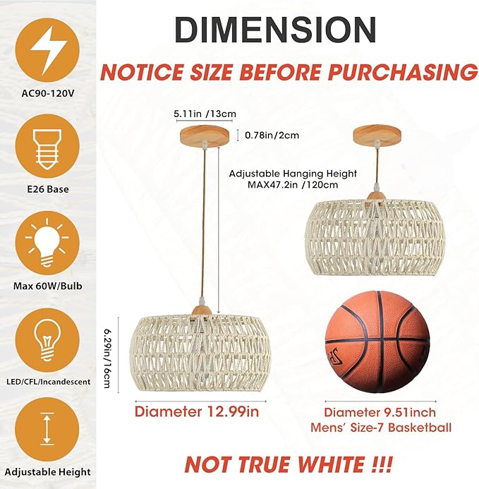 Rattan Pendant Light Fixture,Basket Chandelier Hanging Lights,Cream White Boho Drum Lighting Flush Mount Ceiling Lights Woven Wicker Chandeliers for Kitchen Dinning Room Hallway Bedroom