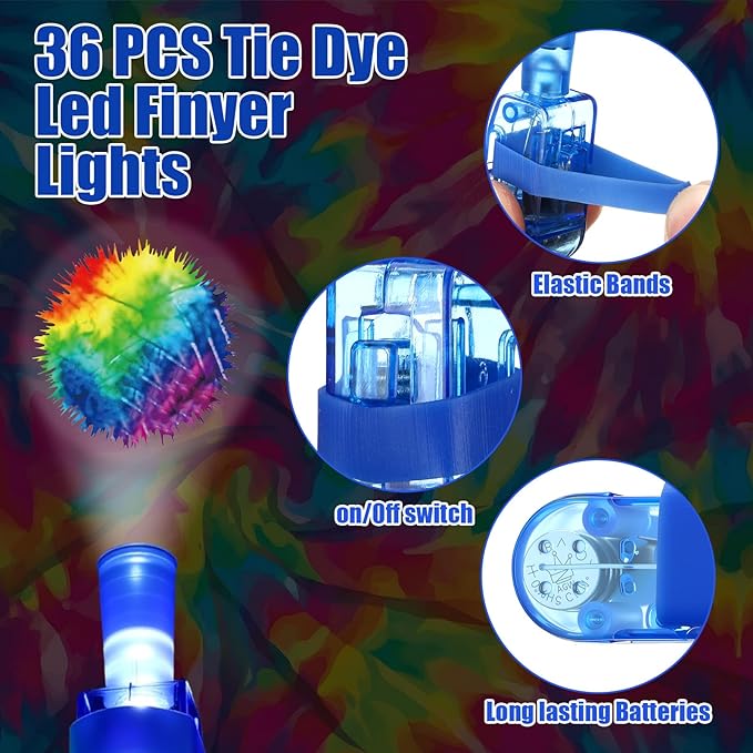 Tuanse 36 Pcs Tie Dye Finger Lights Gifts Bulk for Kids Glow in the Dark Finger Lights Colorful Birthday Themed Party Supplies Favors for Class School Prizes Gift for Kids Carnival Rewards