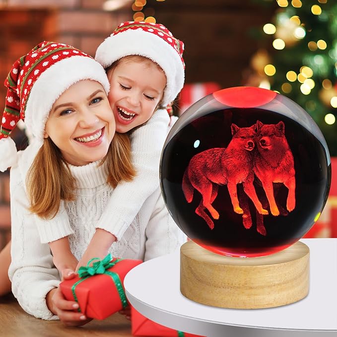 3D Wolf Crystal Ball Night Light - 3.15 Inch Glass Lamp With 16 Color LED Wooden Base, Statue Decor for Birthday, Holiday, Christmas Gifts
