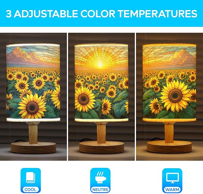 Sunflower Field Table Lamp LED 3-Color Pressed Bedside, Sunflower Field Shade Lamp with Wood Base for Bedroom Living Room Desk Office TL01