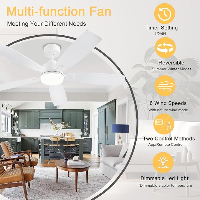 White Ceiling Fans with Lights, 52 Inch Low Profile Ceiling Fan with Light and Remote/App Control, Dual-Sided Blades, Reversible, 3CCT, Dimmable, Modern Ceiling Fan for Indoor/Outdoor Patios