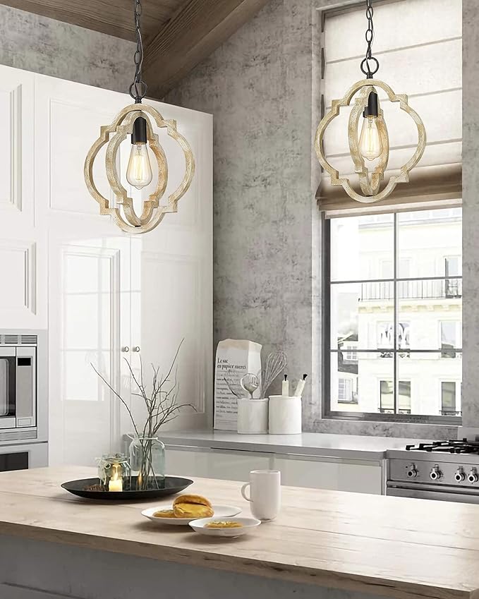 CALDION 2Pack Wood Pendant Lights Kitchen Island, Farmhouse Pendant Lighting Fixtures, Adjustable Height Hanging Pendant Lights for Foyer, Dining Room, Entryway