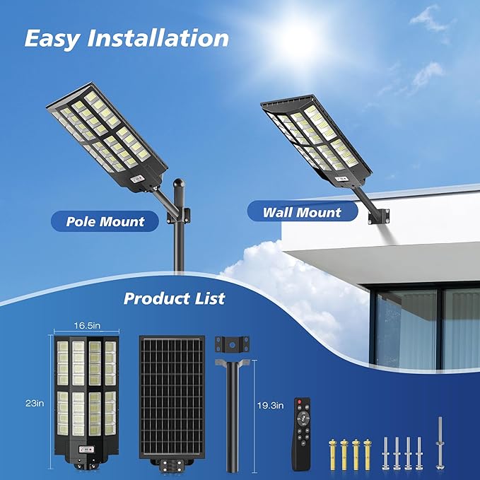 8000W Solar Street Lights Outdoor - Wide Angle Solar Lights Outdoor Dusk to Dawn, Commercial Parking Lot Light Motion Sensor with Remote Control, 7000K LED Street Light IP66 Waterproof