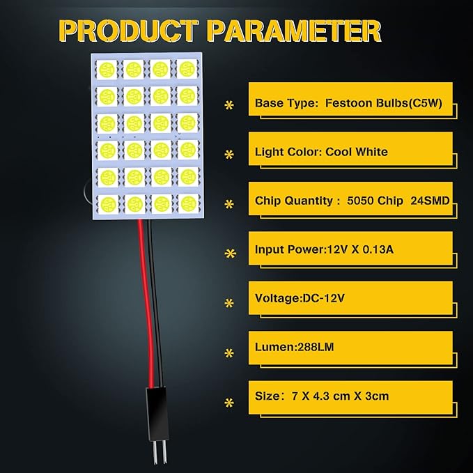 YM E-Bright 5-Pack White 5050 24SMD Led Panel Dome Light Lamp Auto Car Reading Interior Lamp DC 12V With T10 / BA9S / Festoon Adapters