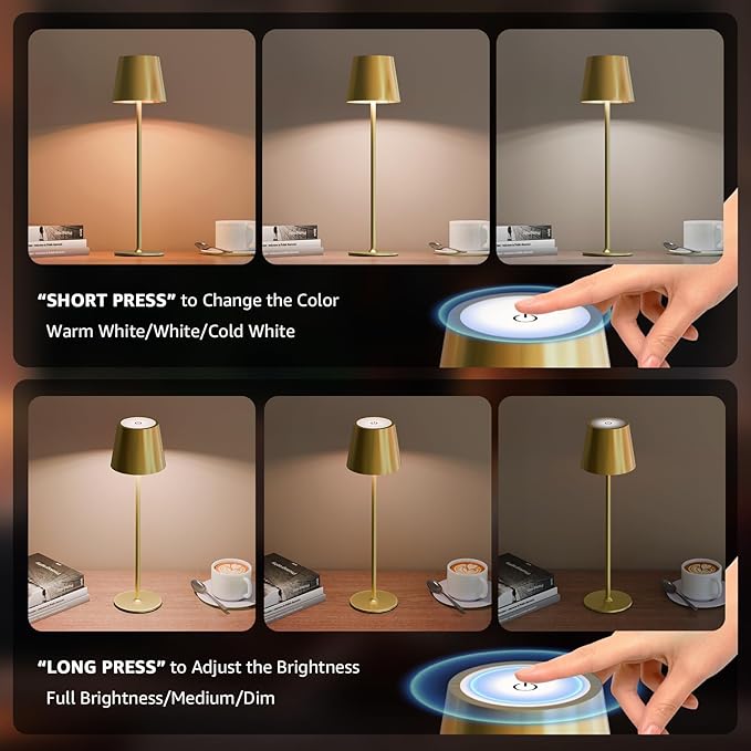 uuffoo 3 Pack Cordless Table Lamp Rechargeable 5000mAH Battery Operated Lights Touch Control LED Portable Desk Lamps 3 Color Dimming for Outdoor Coffee Bedroom Kitchen (Gold)