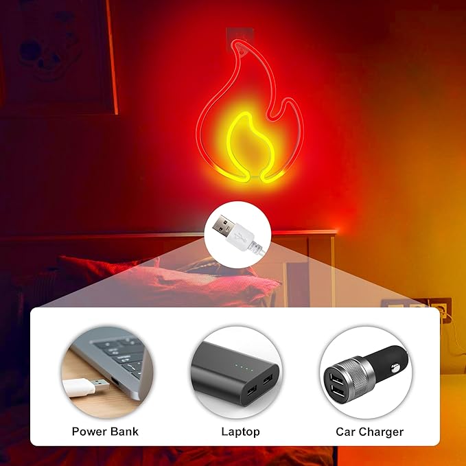 Fire Flame Neon Sign, Flame Led Light Sign for Wall Decor, Hanging Flaming Fire Neon Light, USB or Battery Powered Fire Neon Sign for Home, Bedroom Wall Décor, Party, Bar, Christmas Birthday Gift