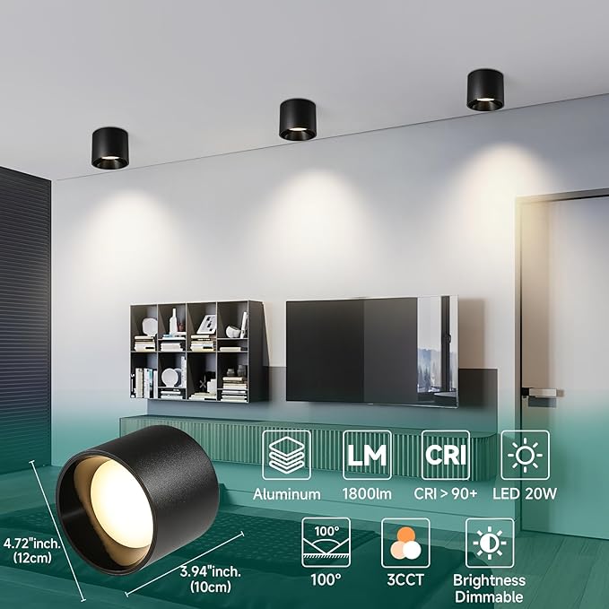 3Pack Modern LED Flush Mount Ceiling Light Fixture, 20W Dimmable & 3000K-6000K 3 Color Selectable Black Cylinder Ceiling Lamps for Low Profile Living Room Hallway Entryway Kitchen Dining Room Foyer