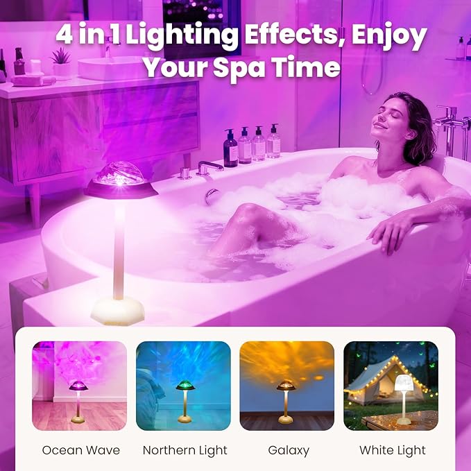 Spa-Like Shower Lamp Waterproof Bathroom Lamp Ocean Wave Projector Light with 16 Colors Changing Rechargeable Remote Control & Touch Northern Lights Projector,Cordless Light for Inside Shower