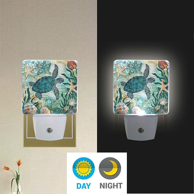 Vdsrup Vintage Ocean Turtle Night Light Set of 2 Sea Starfish World Map Plug-in LED Nightlights Auto Dusk-to-Dawn Sensor Lamp for Bedroom Bathroom Kitchen Hallway Stairs