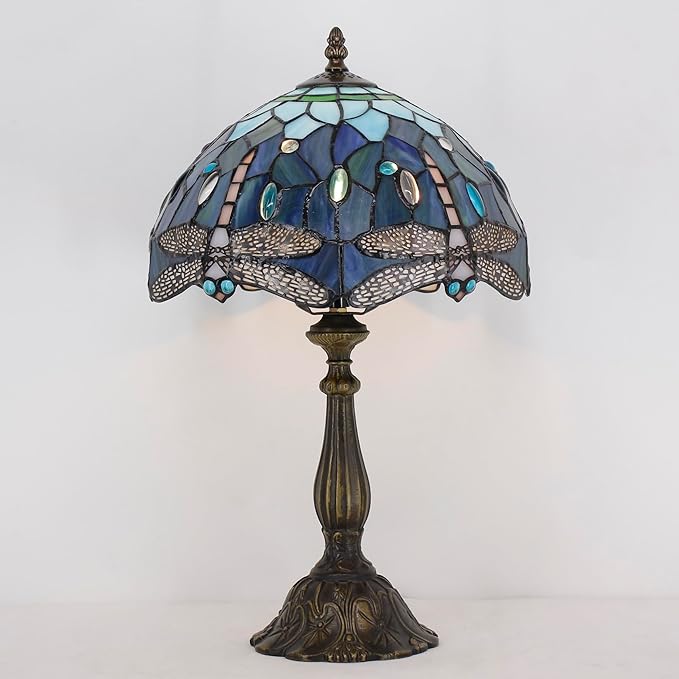 Tiffany Lamp Touch Control Table Lamp Blue Stained Glass Desk Lamp 12X12X19 Inches Dragonfly Style Reading Light