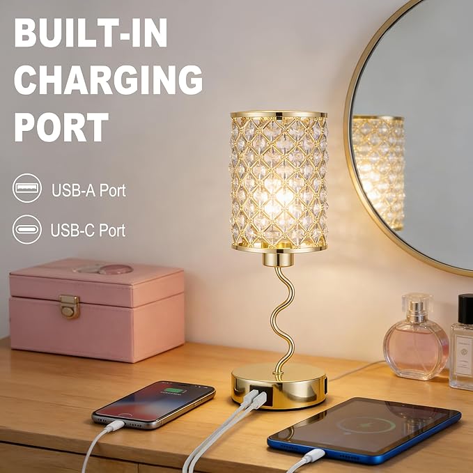 Crystal Table Lamp with 3 Way Dimmable Touch Control, Nightstand with USB A+C Ports, Modern Bedside Touch Lamp for Bedroom, Living Room, Office Reading, Gold