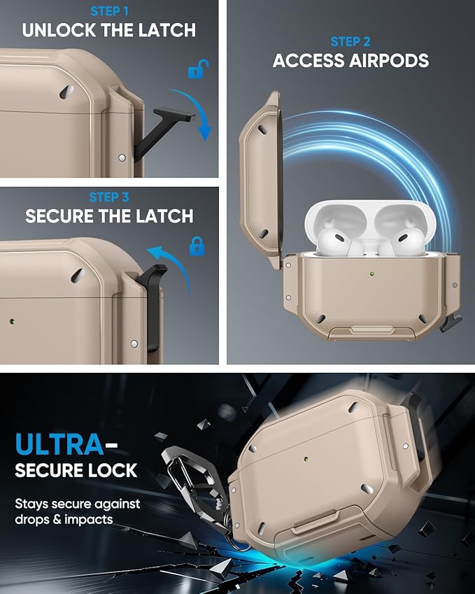 MoKo for AirPods Pro 3 Case with Secure Lock - IP68 Waterproof Case for iPods Pro 3, Military-Grade Protective Cover Earpods Pro 3 with Keychain, Phone Stand & Cleaner Kit, Khaki