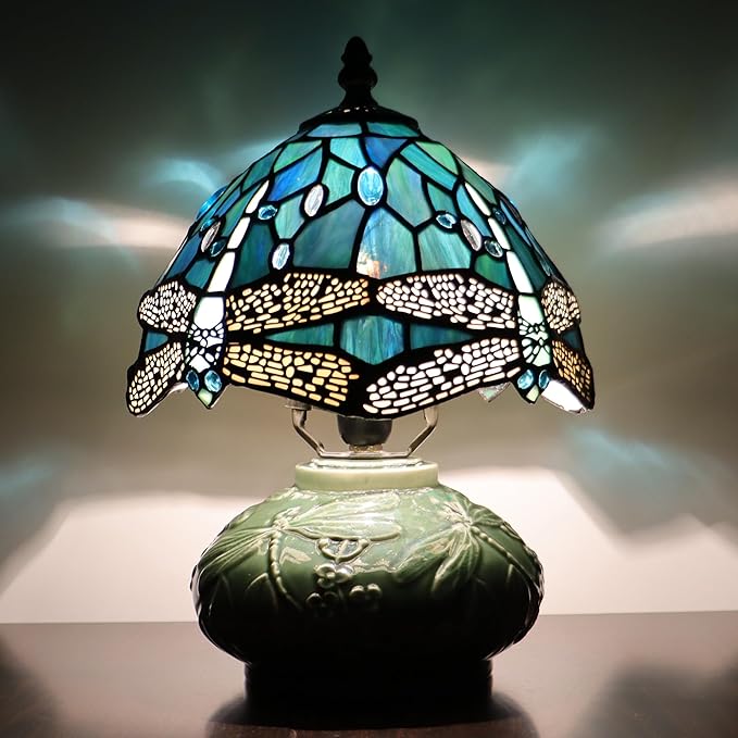 Small Stained Glas Lamp Mushroom Table Lamp, Mini Stained Glass Desk Light Memory Sympathy Ceramic lamp 8X11 Inch (Sea Blue Dragonfly Style)