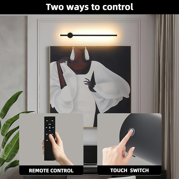 LED Wireless Wall Sconce with Remote Control, Dimmable/350° Rotate/Timing/USB Rechargeable Battery Powered Indoor Wall Lamps, 23.6 inch Black Wall Lights Set of Two for Hallway, Living Room, Bedroom