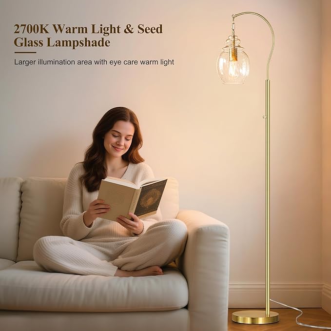 QiMH Gold Floor Lamps for Living Room, Modern Standing Lamp for Bedroom, 70" Tall Lamp for Corner, Arc Floor Lamp with Seeded Glass Lamp Shade, Dimmable Floor Lamp for Reading Office Nursery
