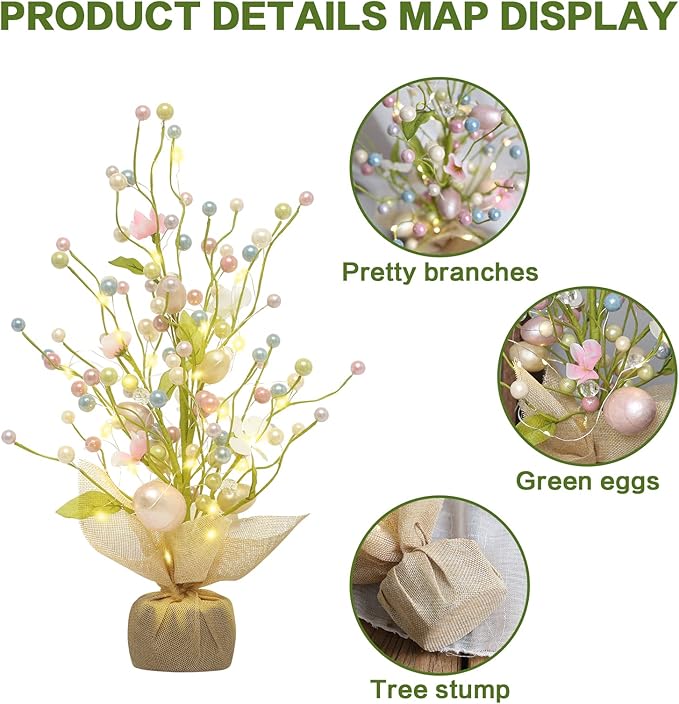 RoseCraft Easter Decorations, 18 Inch Pre-Lit Easter Egg Tree Tabletop Decor with Delicate Ornaments, for Home Party Wedding Holiday Spring Summer Decoration, Green/White/Pink.