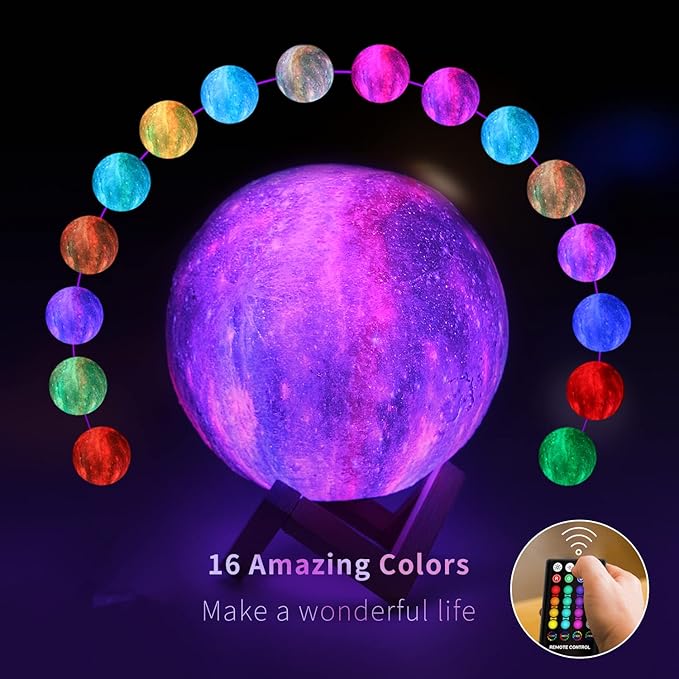 LOGROTATE Moon Lamp, Kids Night Light, 16 Colors Galaxy Lamp 3D Printing LED Moon Light with Stand, Remote&Touch Control, USB Rechargeable Gift for Women Kids Birthday, Bedroom Home Decor, 5.98 inch