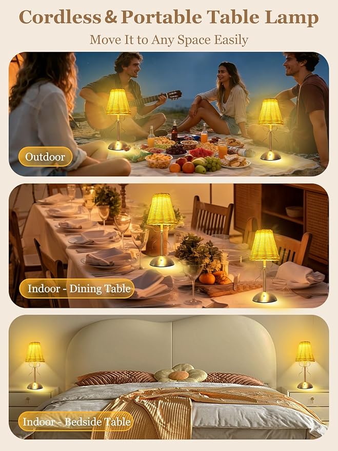 Boho Bow Rattan Table Lamp, Cordless Wicker Woven Vintage Table Lamp - LED Rechargeable Touch Control 3 Color Dimmable Reading Bedside Lamp for Bedroom Living Room Office, Home Outdoor Decor