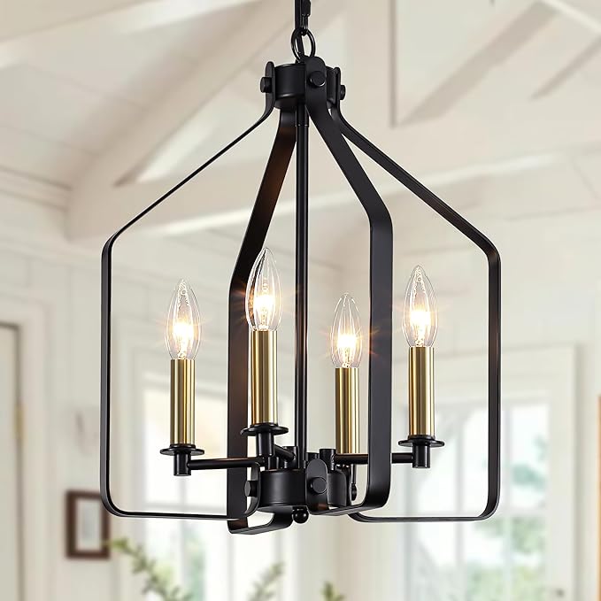 4-Light Black and Glod Chandelier, Geometric Farmhouse Cage Pendant Light, Adjustable Industrial Rustic Fixture for Dining Room, Kitchen Island, Entryway & Bedroom