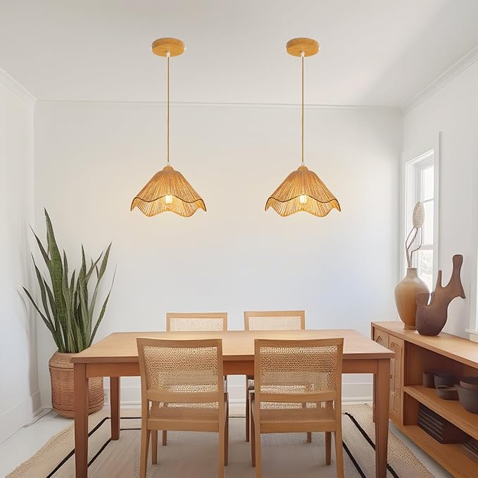 2 Pack 12.4" Wave Rattan Chandelier Pendant Lights Kitchen Island,Farmhouse Boho Chandeliers Adjustable Height Hanging lamp for Dining Room,Kitchen Ceiling Light Fixtures Woven Wicker Lampshade