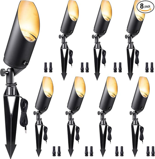 Gardenreet Brass Spot Light Low Voltage - Outdoor Landscape Spotlights, 12V Landscaping LED Uplights, Hard-Wired Adjustable Shield All Weather Black for Backyard Lawn with No Bulbs (8 Pack)