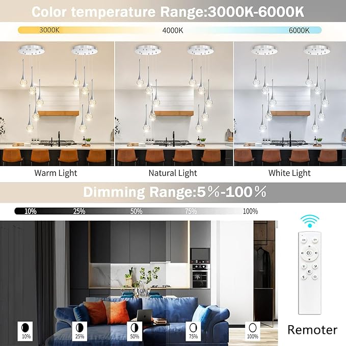 cenzoz 5-Lights Modern Pendant Lights for Kitchen Island LED Dimmable Chandelier Crystal Glam Ceiling Pendant Lighting for Dining Room Hallway Bedroom Lamp Brushed Nickel