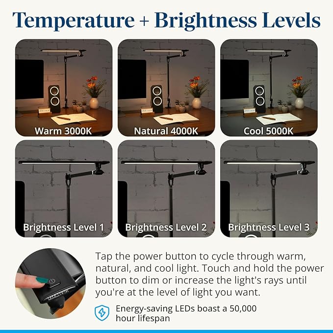 UPLIFTDESK E7 LED Desk Lamp with Clamp - Adjustable 3 Color Modes, Dimmable Black Architect Light for Standing Desk, Home Office, Dual Monitor Computer Work