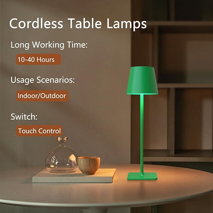 2 Pack Cordless Table Lamp: 6000mAh Battery Operated Touch Lamp Outdoor Table Lights, 3 Color Stepless Dimming, Waterproof Wireless Portable Desk Lamp for Indoor Table Living Room Camping Cafe(Green)