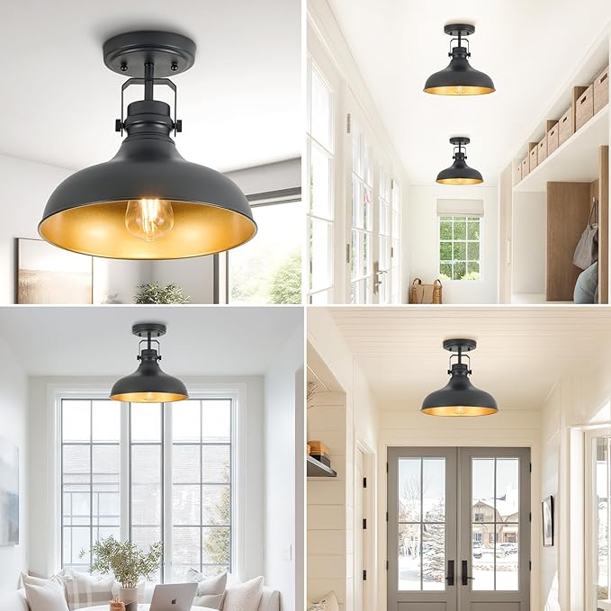 Metal Semi Flush Mount Light Fixture 11.4 inch Ceiling Light Black Hallway Light Fixtures for Kitchen,Hall,Bedroom,Bathroom,Entryway 1 Pack