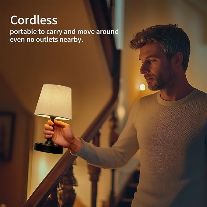 ONEWISH 2 Pack Small Cordless Lamp, Battery Operated Table lamp Dimmable, 4000mAh Rechargeable, Touch Bedside Lamp with White Fabric Shade, 2700K Bulb Included, for Dining, Patio, Bathroom(Black)
