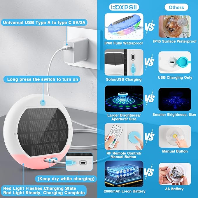 Solar Floating Pool Lights(2 PCS), USB Rechargeable Pool Lights with Remote, 6.7" 2600mAh IP68 Waterproof Floating Light 6 Dynamic Modes Upper and Lower Glow Hangable Light for Pond Patio Party